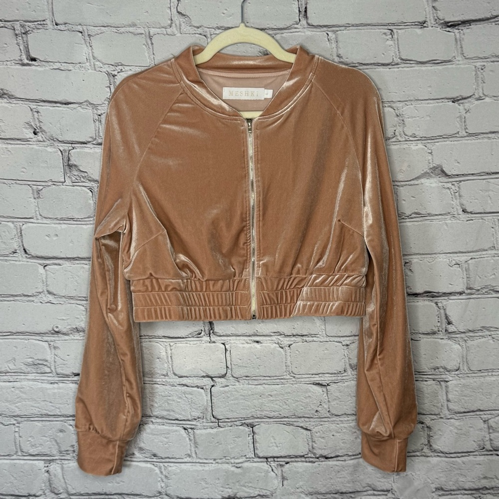 MESHKI Velour Zip-up Cropped Tan Jacket Large
